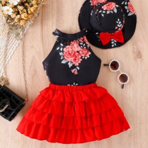 Baby Girl Fashion Printed Sleeveless Tank Top Ruffled Skirts Two-Piece Set