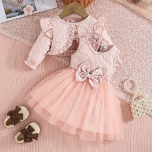 Baby Girl Fashion Elegant Floral Mesh Sleeveless Dress Long Sleeve Jacket Two-Piece Set