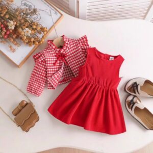 Baby Girls Fashion Casual Grid Printed Long-Sleeve Coat Solid Color Sleeveless Dress Two-Piece Set
