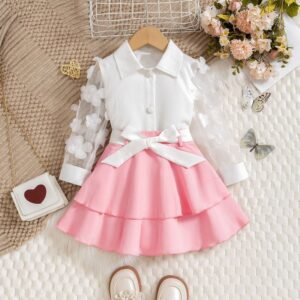 Girls Fashion Elegant Lapel Mesh Sleeve Blouse Double-Layer Ruffled Skirt Belt Three-Piece Set