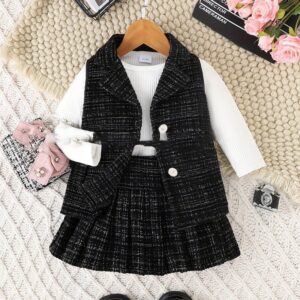 Baby Girls Fashion Elegant Splicing Long-Sleeve Dress Sleeveless Jacket Two-Piece Set