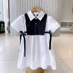 Girl Fashion Elegant Stitching Lapel Short-Sleeve Lace-Up Dress