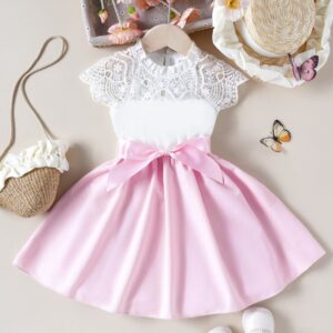 Girl Fashion Elegant Lace Splicing Sleeveless Lace-Up Dress