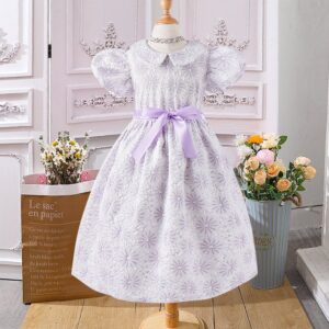 Girl Fashion Elegant Printed Lapel Puff Sleeve Dress