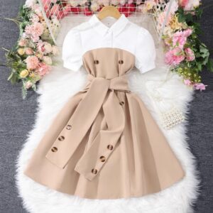 Girl Fashion Elegant Stitching Lapel Short Sleeve Lace-Up Dress