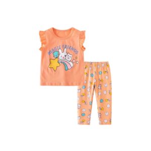 Girl Fashion Casual Printed Lotus Leaf Sleeve T-Shirt Slim Fit Pants Two-Piece Set