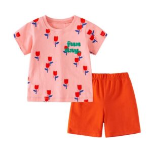 Girls Fashion Casual Pink Printed Short-Sleeve T-Shirt Slim Fit Shorts Two-Piece Set