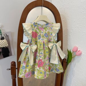 Girls Fashion Cute Floral Printed Sleeveless Bowknot Dress