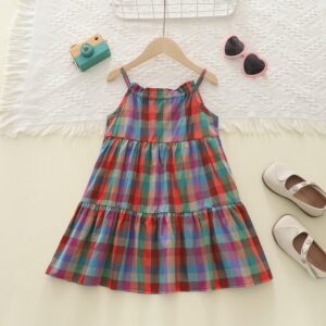 Girls Fashion Casual Beach Multicolor Plaid Spaghetti Strap Dress