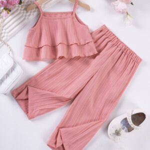 Girls Fashion Casual Solid Color Ruffled Camisole Loose Pants Two-Piece Set