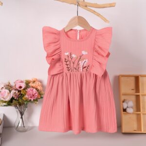Girls Fashion Cute Solid Color Embroidery Flower Sleeveless Dress