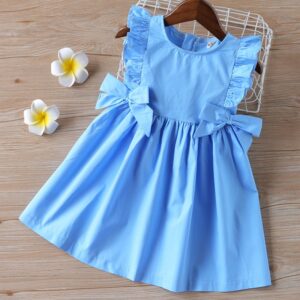 Girls Fashion Cute Solid Color Flying Sleeve Pleated Bowknot Dress