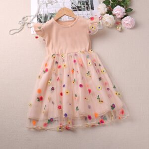 Girls Fashion Cute Solid Color Embroidered Flower Mesh Sleeveless Dress