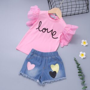 Girl Fashion Casual Printed Ruffled Short-Sleeve T-Shirt Love Ptinted Denim Shorts Two-Piece Set