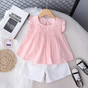 Girls Fashion Casual Floral Pleated Sleeveless Tank Top Loose Shorts Two-Piece Set