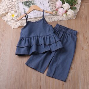 Girls Fashion Denim Spaghetti Strap Ruffled Camisole Wide Leg Pants Two-Piece Set