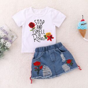 Girls Fashion Casual Floral Printed Short-Sleeve T-Shirt Ripped Denim Skirt Two-Piece Set