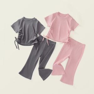 Girl Short-Sleeved Summer Casual Solid Color Elastic T-Shirt Flared Pants Two-Piece Set