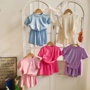 Girls Boys Summer Casual Loose Waffle Plaid Solid Color Two-Piece Shorts Set