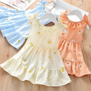 Girls Summer Daisy Print Casual Ruffled Dress