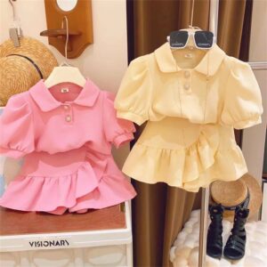 Kids Toddler Girls Cute Solid Color Waffle Short Sleeve Lapel Top Skirt Set