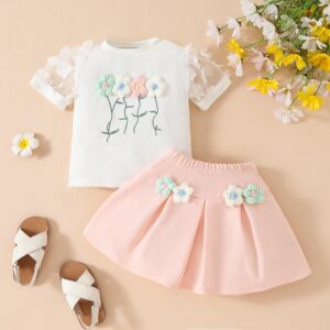 Children Cute Fashion Girl Short Sleeve Top And Skirt Two-Piece Set