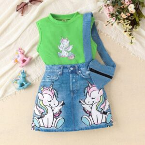 Girls Fashion Unicorn Printed Sleeveless Top And Two-Piece Denim Skirt Set