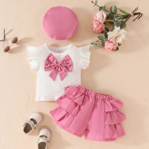Baby Girl Fashion Bow Ruffled Top And Shorts Hat Three-Piece Set