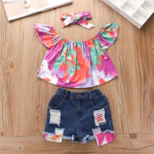 Girls Fashion Off-the-shoulder Tie-dye Tops And Ripped Design Short Jeans