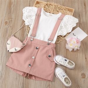 Kids Hollow Out Design Tops And Suspender Shorts Set