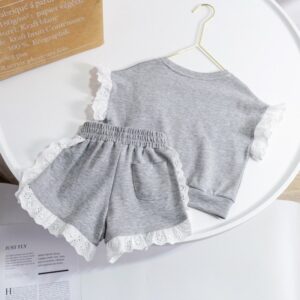 Children Kids Toddlers Girls Lace Short Sleeve T-Shirt And Flower Shorts 2 Pcs Set