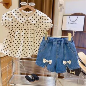 Kids Toddler Girls Fashion Casual Polka Dot Print Short Sleeve Lapel Top Denim Shorts Set