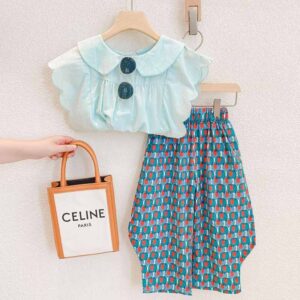 Kids Toddler Girls Fashion Casual Sleeveless Lapel T-Shirt Print Wide Leg Trousers Set