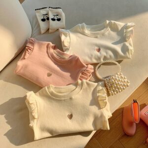 Kids Toddler Girls Heart Embroidery Long Sleeve Ruffled T-Shirt