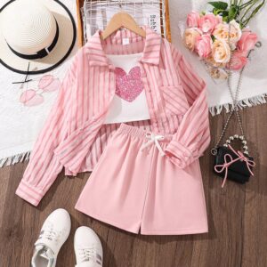 Girls Fashion Casual Stripe Lapel Long Sleeve Blouse Love Printed Camisole Loose Shorts Three-Piece Set