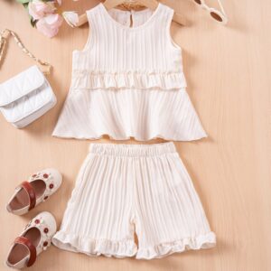 Girls Fashion Solid Color Sleeveless Ruffled Top Shorts Two-Piece Set