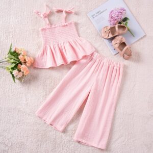 Girls Fashionable Solid Color Sling Top And Wide Leg Two-Piece Set