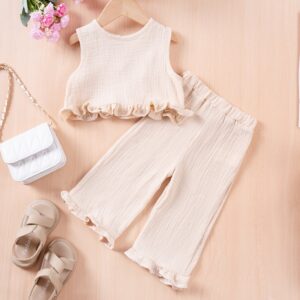 Girls Fashionable Two-Piece Sleeveless Ruffled Top And Wide-Leg Pants Set