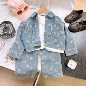 Girls Fashion Casual Floral Printed Lapel Long-Sleeve Jacket Straight Jeans Denim Two-Piece Set