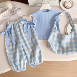 Girls Fashion Check Print Three-Piece Set