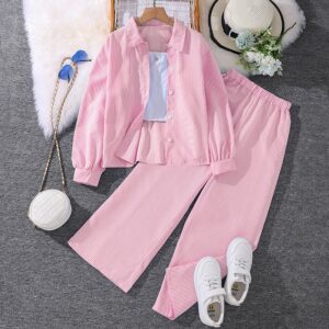 Girls Fashion Casual Stripe Lapel Long-Sleeve Blouse Wide-Leg Pants Two-Piece Set