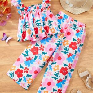 Kids Toddler Girls Casual Tiny Flower Print Sleeveless Top Pants Sets