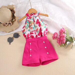 Kids Toddler Girls Casual Cute Tiny Flower Print Sleeveless Halter Neck Top Shorts Set