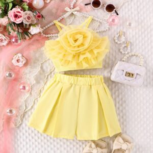 Girls Fashion Solid Color Mesh Floral Camisole Solid Color Shorts Two-Piece Set