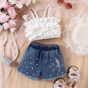 Girls Fashionable Ruffle Lace Top And Denim Rip Shorts Two-Piece Set
