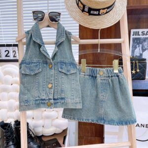 Girls Fashion Two-Piece Halter Top And Skirt Denim Set