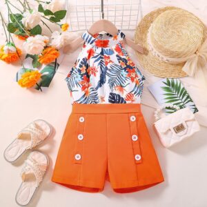 Kids Toddler Girls Casual Cute Tiny Flower Print Sleeveless Halter Neck Top Shorts Set