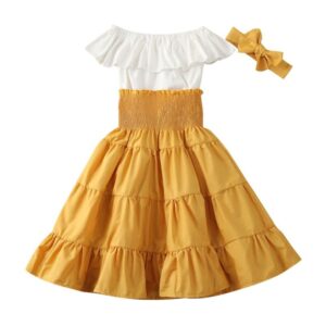 Kids 3pcs Girls Off Shoulder Ruffle Crop Top And High Waist A-Line Skirts With Headband