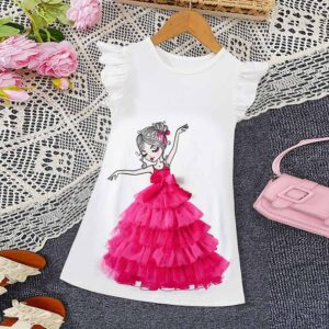 Toddler Girls Cartoon Princess Tulle Dress Printed Round Neck Cap Sleeve White Casual Dress