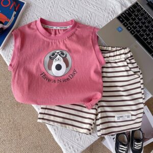 Kids Toddler Boys Girls Casual Cute Cartoon Dog Alphabet Print Sleeveless Top Stripe Shorts Sets